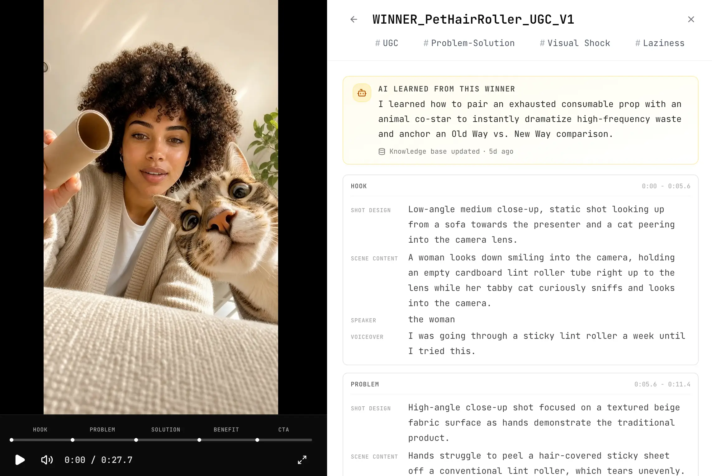 Swipe File analyzing a winning ad, with the video on the left and the learned script on the right
