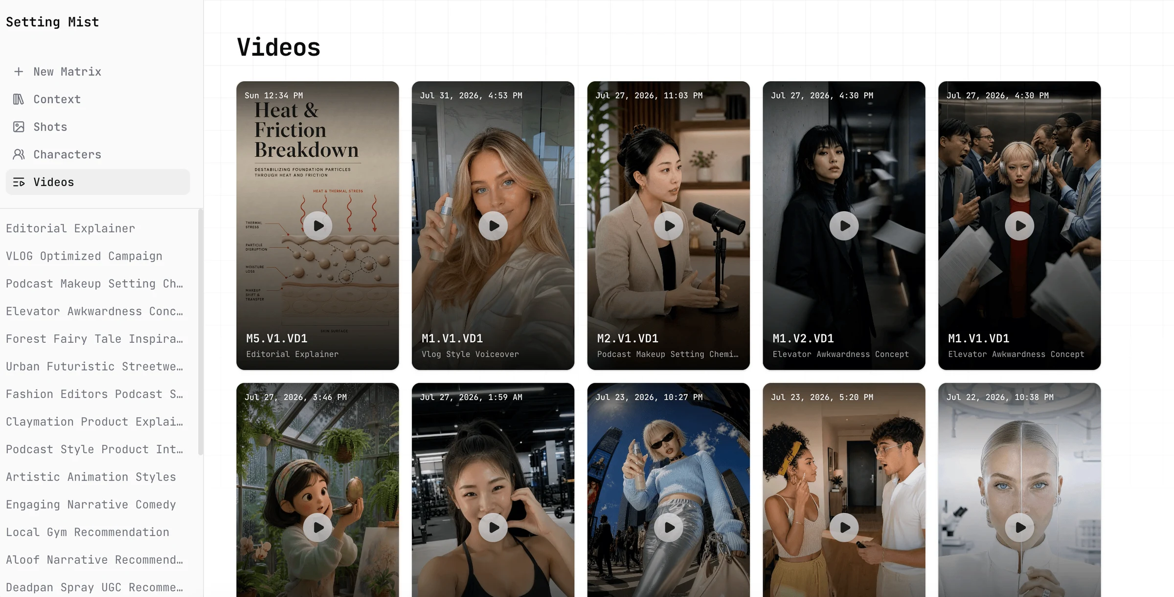 The videos library inside the product — a wall of finished AI-generated ads spanning editorial explainers, vlog voiceovers, podcast clips, animation, and narrative comedy
